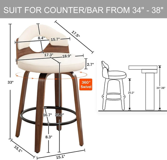 26" Swivel Bar Stools Set of 2,Mid Century Modern Beige Faux Leather Barstools, Wood Counter Height Bar Chairs with Low Back