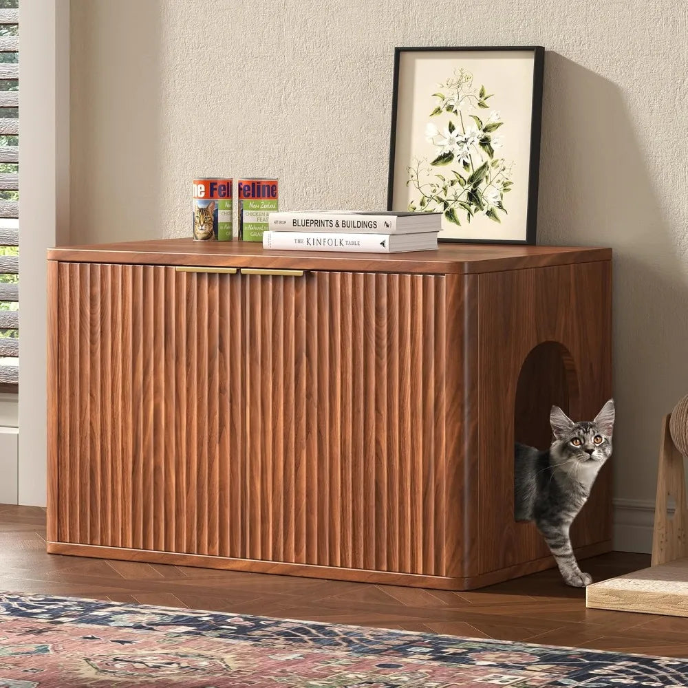 31.5" Walnut Cat Litter Box Enclosure Furniture, Hidden Cabinet, End Table for Living Room