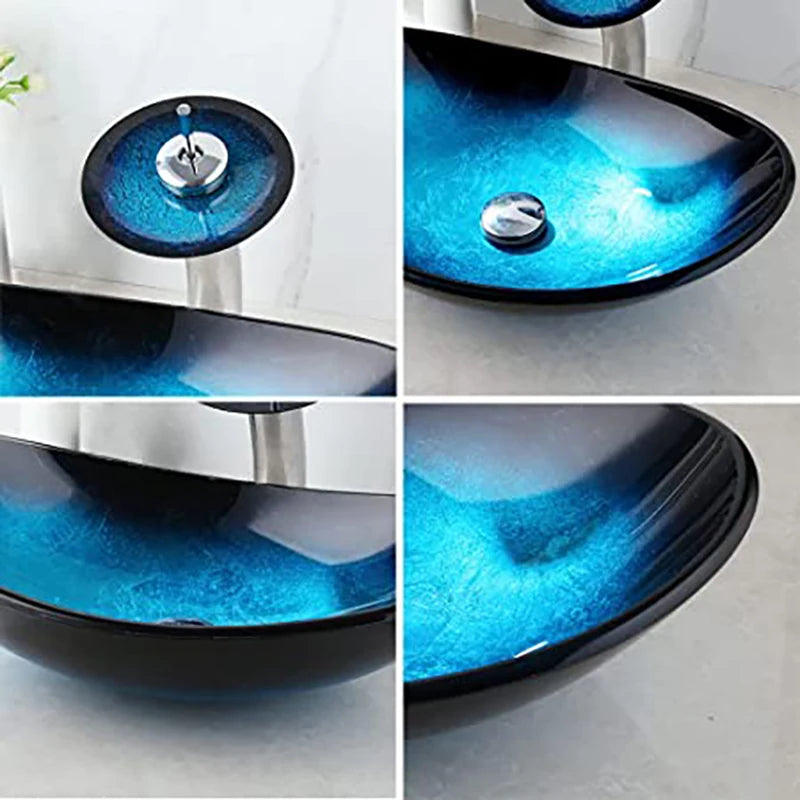 Tempered Above Counter Basin Glass Sink with Waterfall Faucet Tap