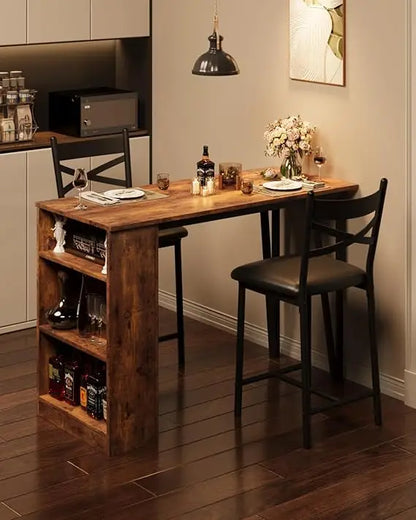 3 Piece Bar Table Set for 2, Bar Table and Chairs Set with  Flip Top Extension, Dining Table Set with Storage Shelves