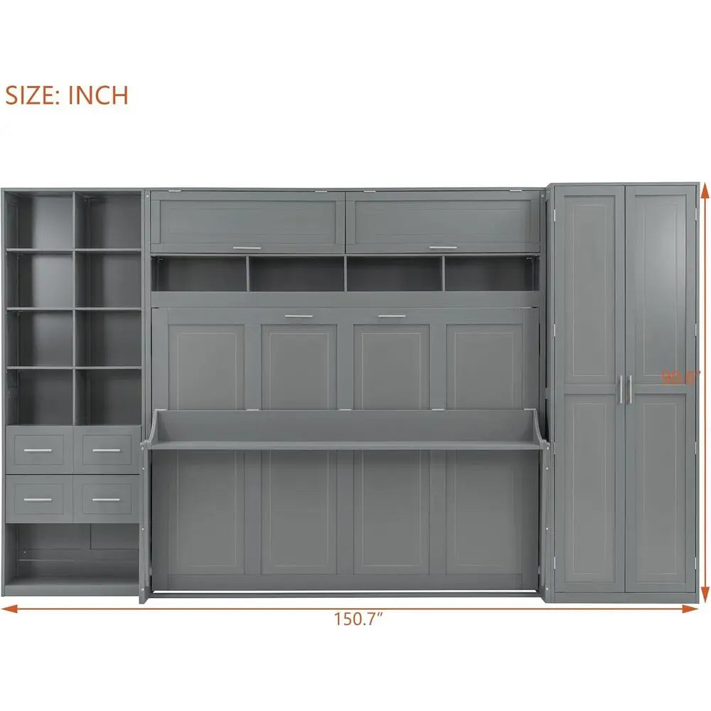 Grey Queen-Size Horizontal Murphy Bed with Desk, Storage Wardrobe, Drawers, and Shelves