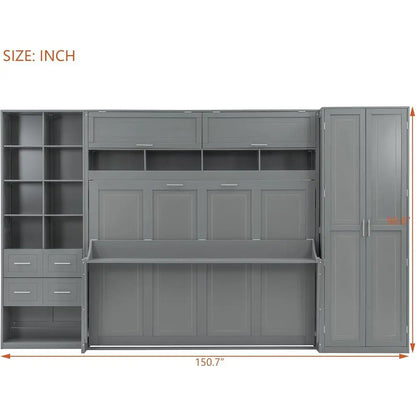 Grey Queen-Size Horizontal Murphy Bed with Desk, Storage Wardrobe, Drawers, and Shelves