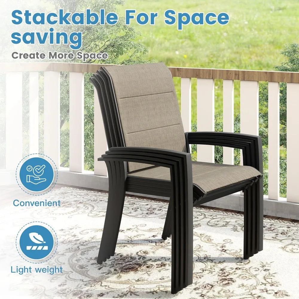 11 Pieces Outdoor Patio Dining Set, 10 Brown Stackable Padded Chairs, Walnut Round Metal Dining Table