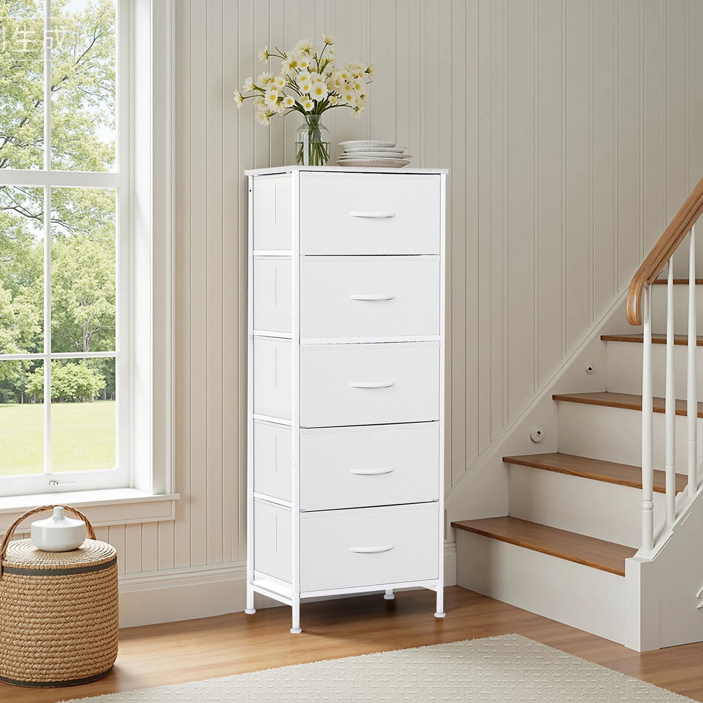 48 IN. Dresser For Bedroom With 5 Fabric Drawers ,Wardrobe, Steel Frame, Storage Cabinet