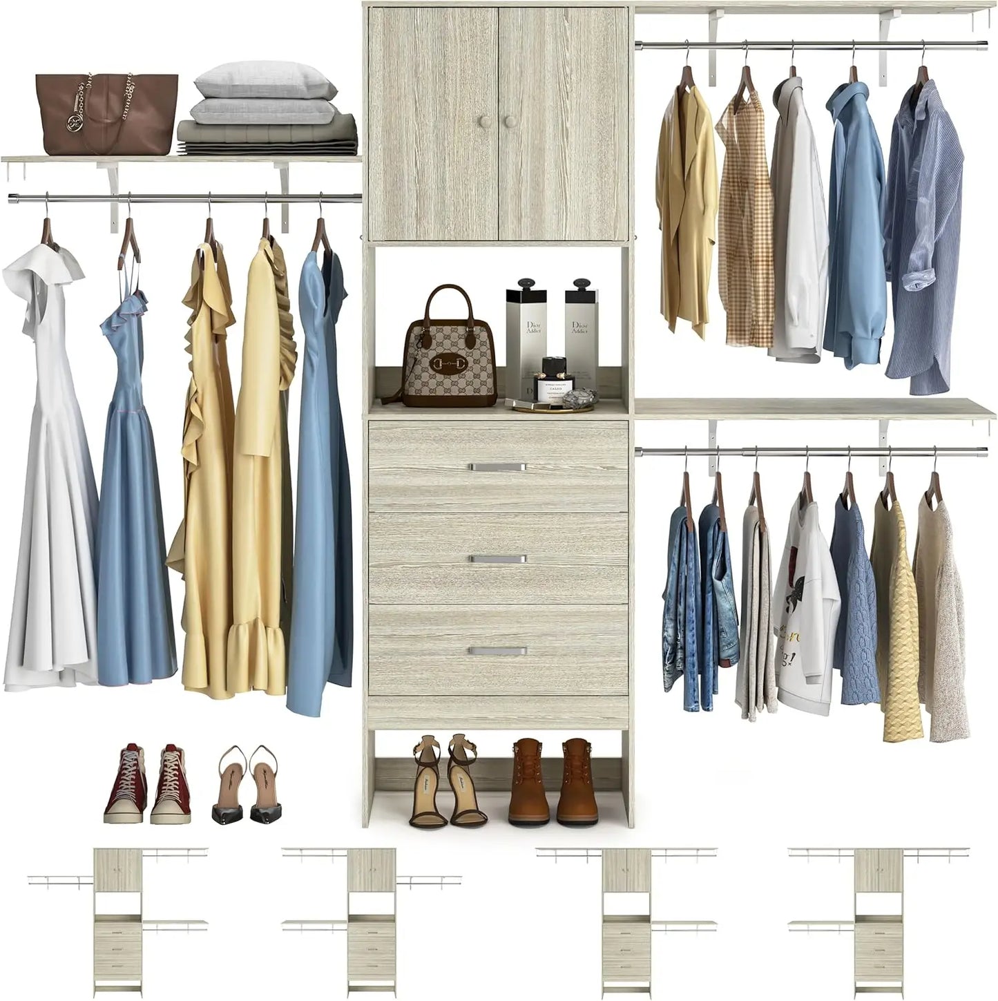 96 Inches Walk In Closet System with Doors & 3 Shelving Towers, Heavy Duty Clothes Garment Rack with 3 Wood Drawers