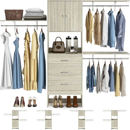 96 Inches Walk In Closet System with Doors & 3 Shelving Towers, Heavy Duty Clothes Garment Rack with 3 Wood Drawers