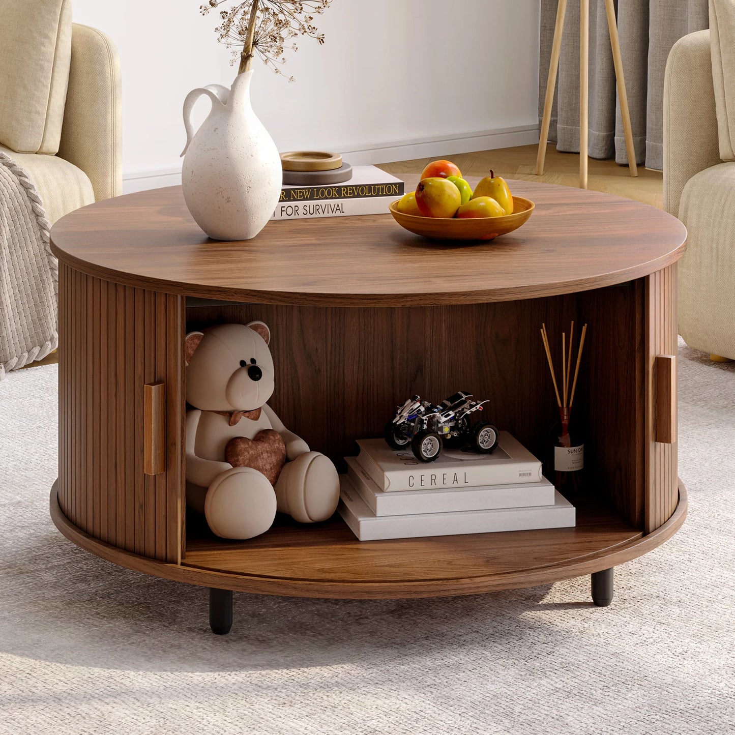 Round Coffee Table with Storage,31.5" Modern Coffee Table with Coffee Table with Sliding Doors