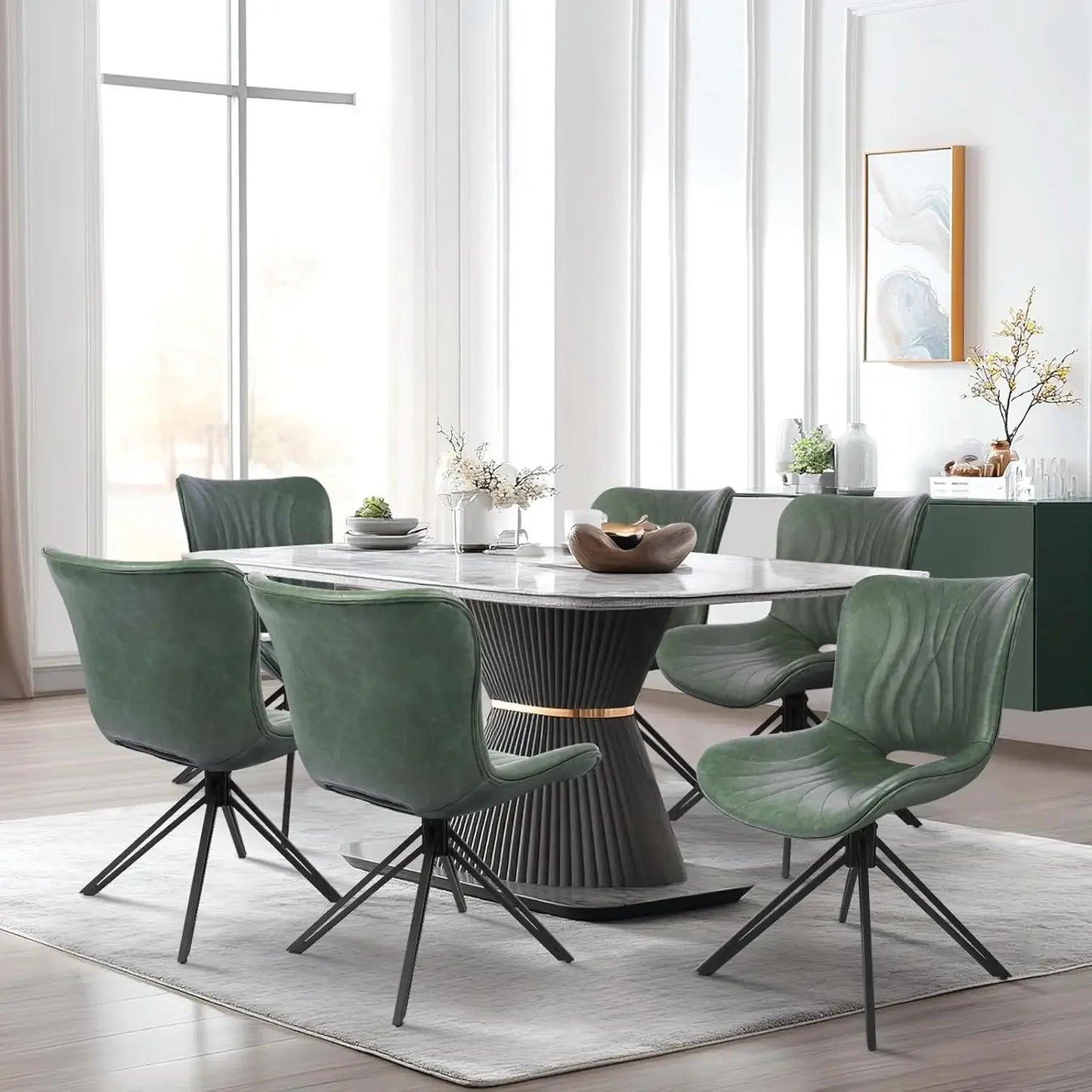 Dining Chair Set of 6, 360° Swivel Upholstered Mid-Century Modern Kitchen Dining Chairs, Faux Leather Upholstered Side Chair