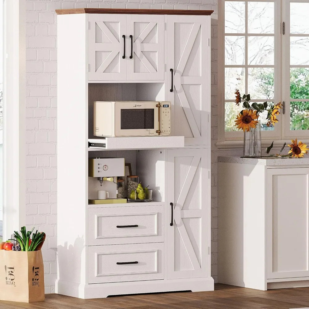 Farmhouse Kitchen Pantry Cabinet,  Hutch, Tall Food Pantry Cabinet with Storage Drawers
