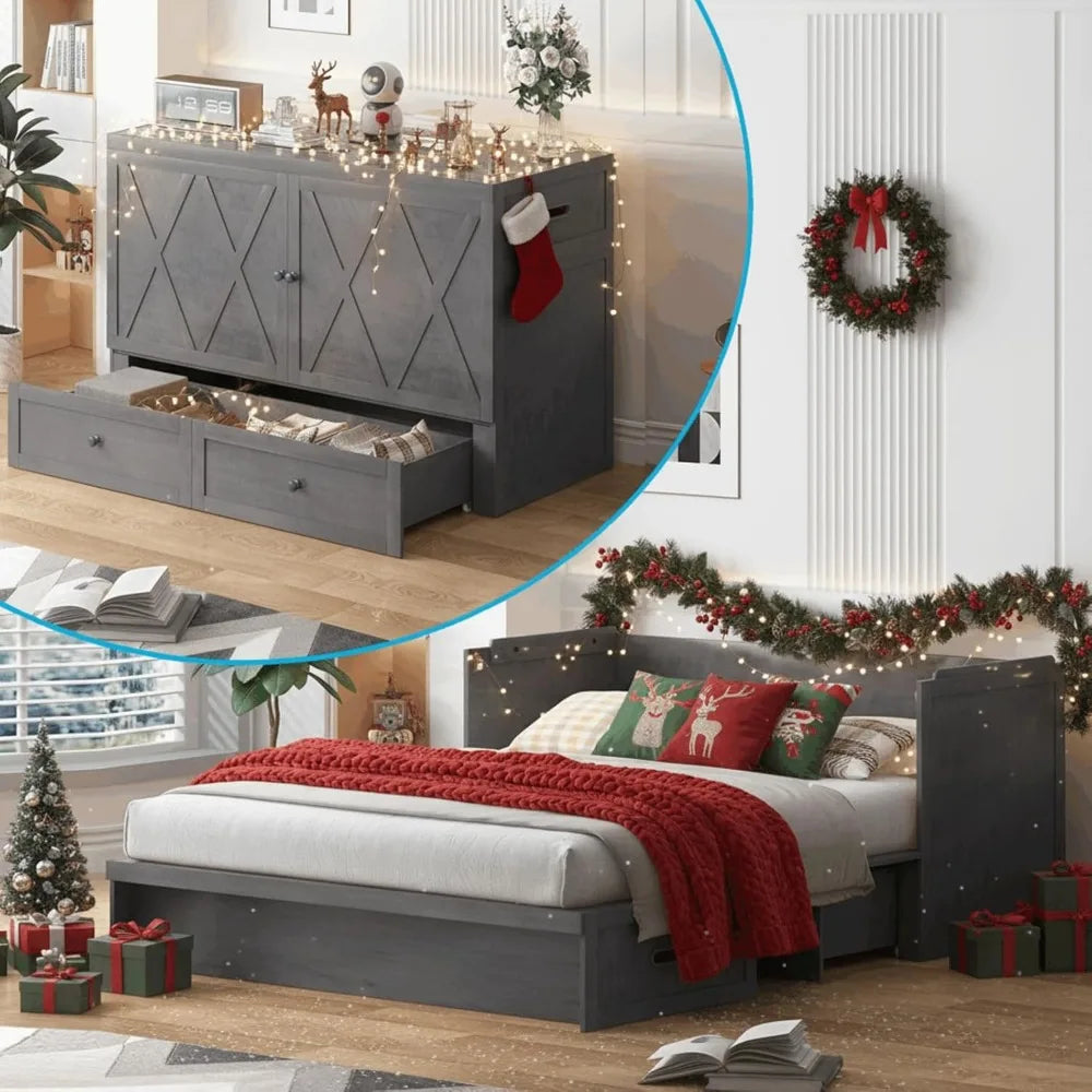 Bed Queen with Tri-Fold Mattress, Murphy Cabinet Bed with USB Charging Station & Large Storage Drawer