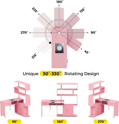 L-Shaped Nail Desk with Dust Collector, Rotating Workstation, Storage Shelves & Stool (Pink)