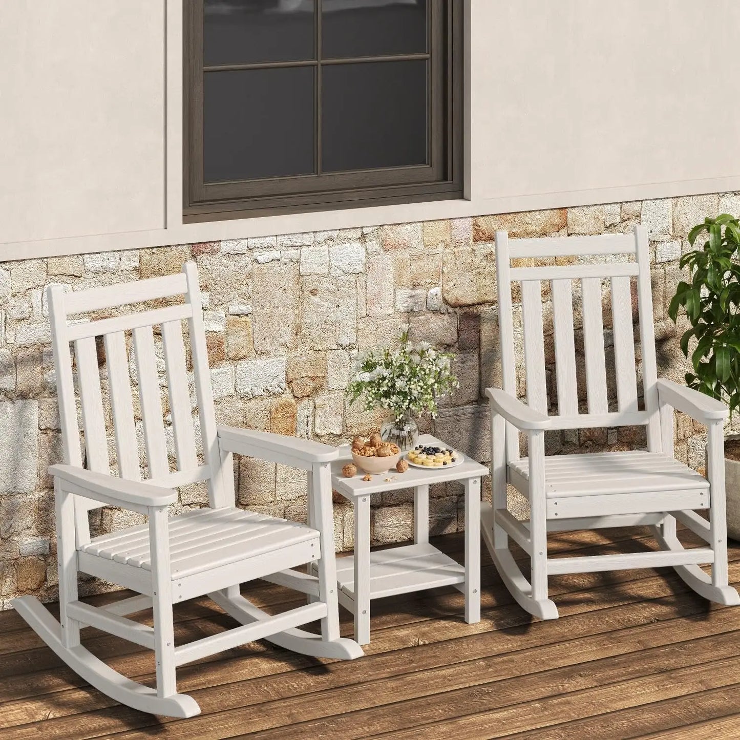 2-Piece Outdoo,r Rocking Chair Set With Side Table,  High-Back Adirondack Porch Rockers, All-Weather Resistant