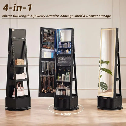 360° Swiveling Lockable Jewelry Cabinet with Mirror, LED Lights, and Storage Drawers