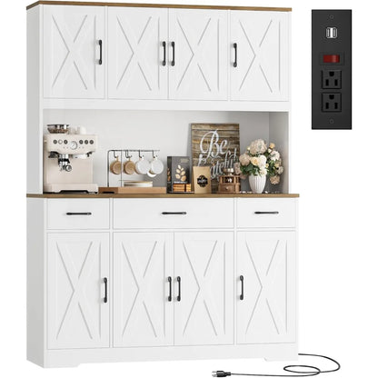 71" Tall Kitchen Pantry Storage Cabinet with Charging Station, 55" Wide Kitchen Hutch  , Farmhouse style