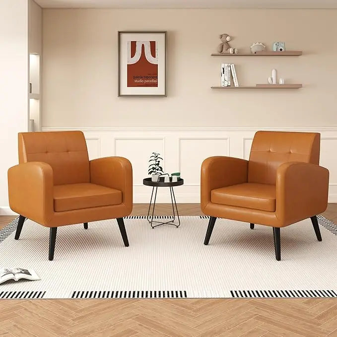 Accent Chairs Set of 2, Brown PU Leather Living Room Chairs, Upholstered Armchairs Single Sofa Chair