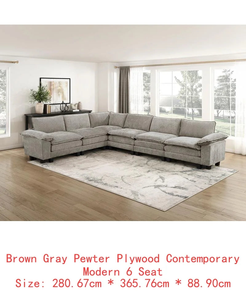 6-Piece Modular Sectional Sofa Set in Plush Chenille Upholstery- Durable Plywood