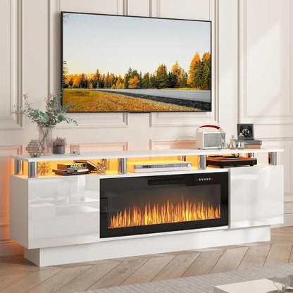 Fireplace TV Stand with 36" Electric Fireplace, 70" LED Light Entertainment Center with Storage,2 Tier Modern Wood Media TV Console