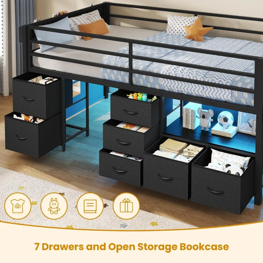 Low, Loft Bed Twin Size with 7 Storage Drawers, Bookcase and LED Lights, Metal Kids Loft Bed with 14" H Safety Guardrail, Incline Ladder