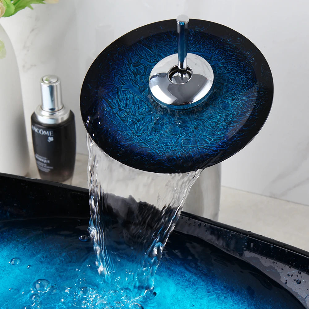 Tempered Above Counter Basin Glass Sink with Waterfall Faucet Tap