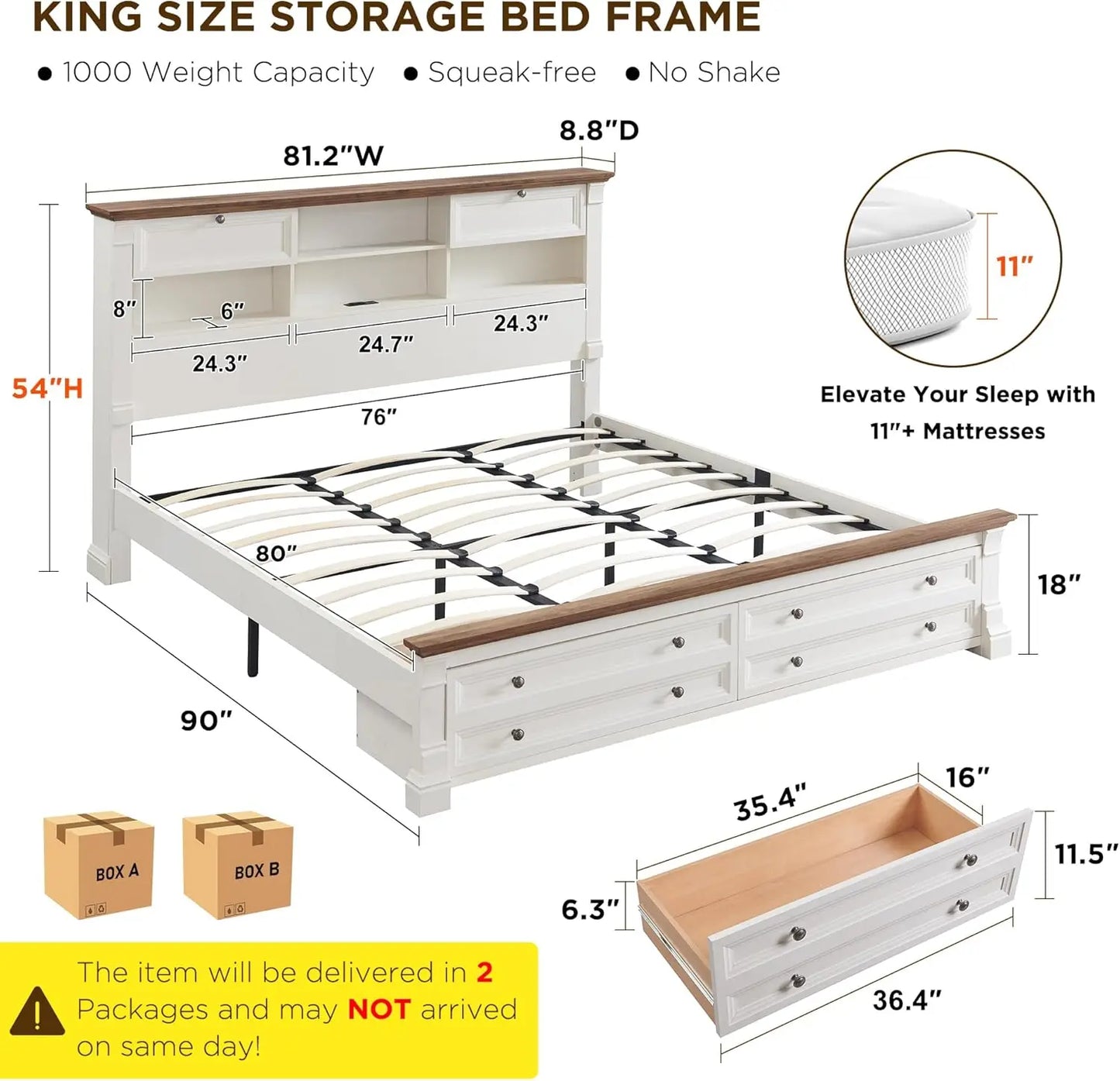 Farmhouse King Size Bed Frame with 54" Tall Storage Bookcase Headboard, Wood Platform Bed Frame(Antique White)