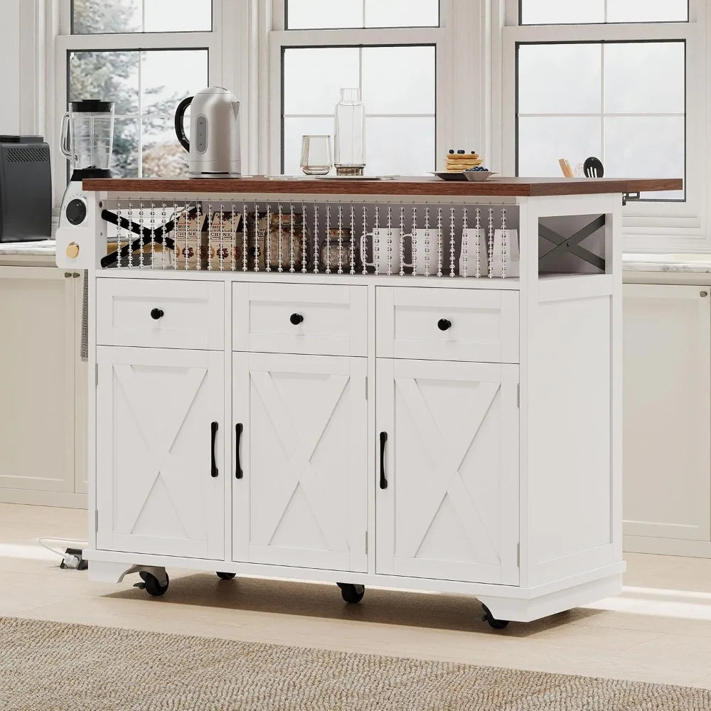 46.5" Farmhouse Kitchen Island with Drape of Beads, Rolling Kitchen Storage Cart on Wheels with Drop Leaf