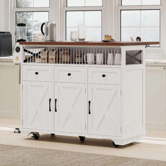 46.5" Farmhouse Kitchen Island with Drape of Beads, Rolling Kitchen Storage Cart on Wheels with Drop Leaf