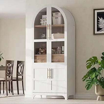 Farmhouse-Style Arched Pantry Cabinet with Glass Doors, Hidden Drawer, and Adjustable Shelves for Kitchen