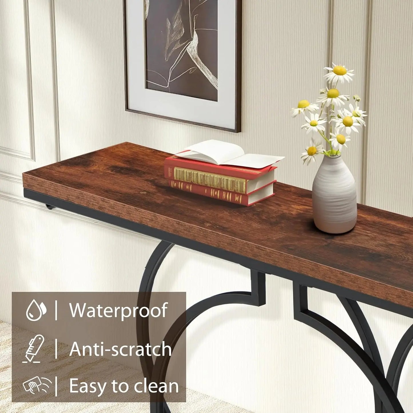 55in Narrow Console Table Wood Circle Base Storage Shelf