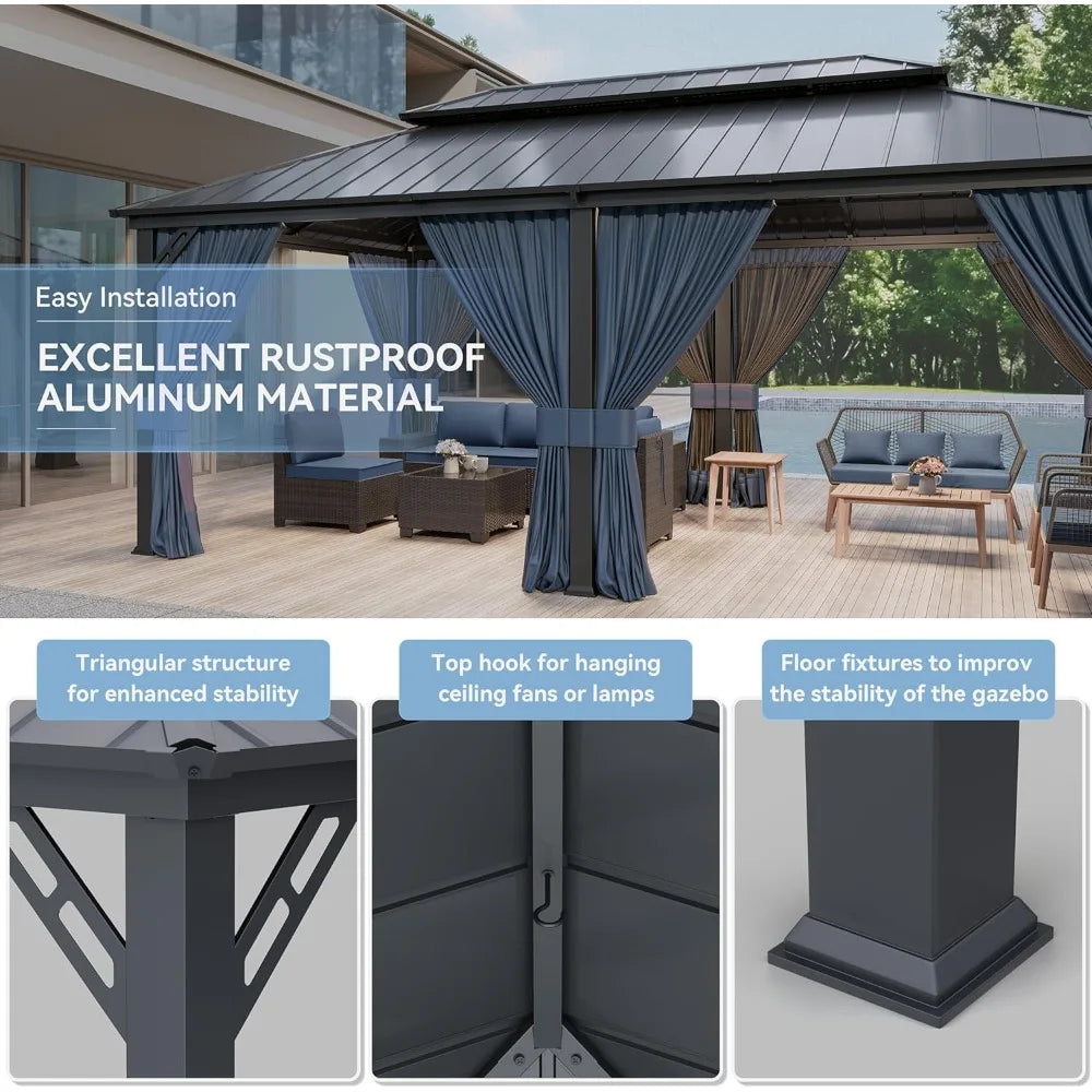 Metal Gazebo with Double Roof and Galvanized Steel, Outdoor Canopy with Curtains and Netting