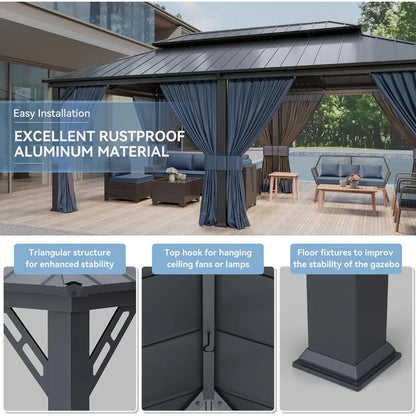 Metal Gazebo with Double Roof and Galvanized Steel, Outdoor Canopy with Curtains and Netting
