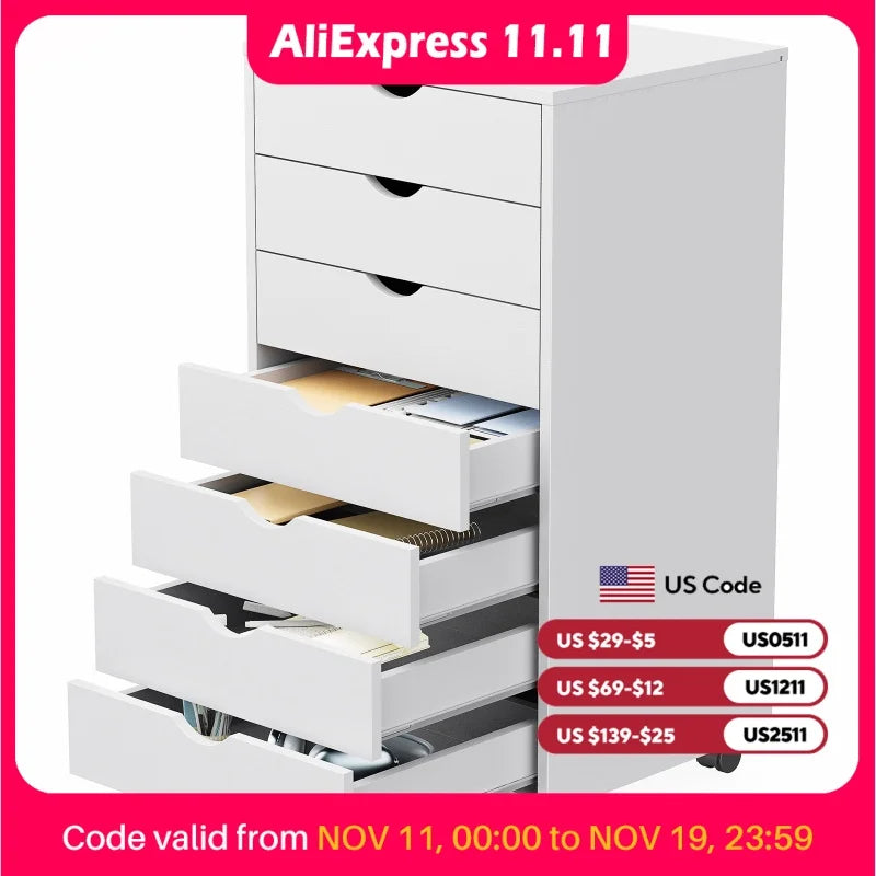 7 Drawer Chest Dressers, Nightstand Storage Cabinet Wooden File Office Mobile Cabinet Wheels Living Room Organizer Rolling