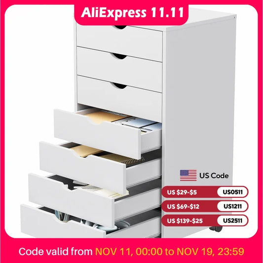 7 Drawer Chest Dressers, Nightstand Storage Cabinet Wooden File Office Mobile Cabinet Wheels Living Room Organizer Rolling