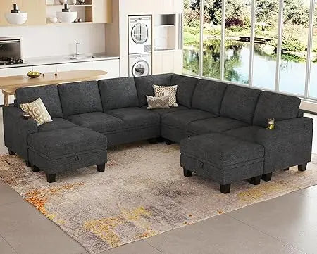 Sectional Sofa Couch with Storage, U Shape Convertible Corner Couches for Living Room Dark Grey Couch