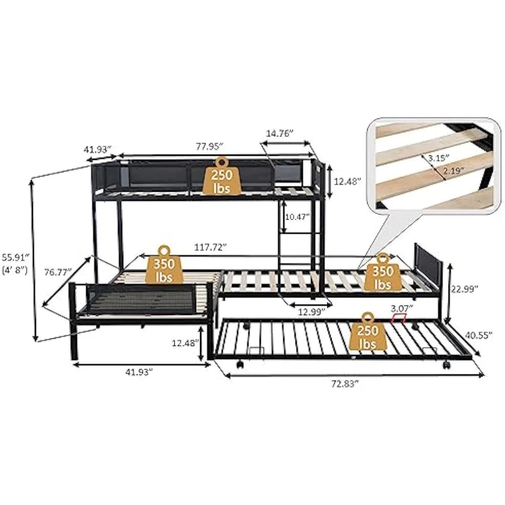 L-Shape Triple Bunk Bed with Trundle, Metal Quad Bunk Beds Twin Over Twin for 4 Kids, Heavy Duty 4 Small Bunkbeds