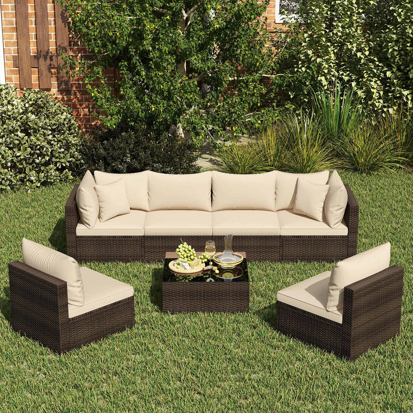 7 PCS Patio Rattan Furniture Set Sectional Sofa Cushioned, Garden