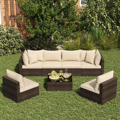 7 PCS Patio Rattan Furniture Set Sectional Sofa Cushioned, Garden