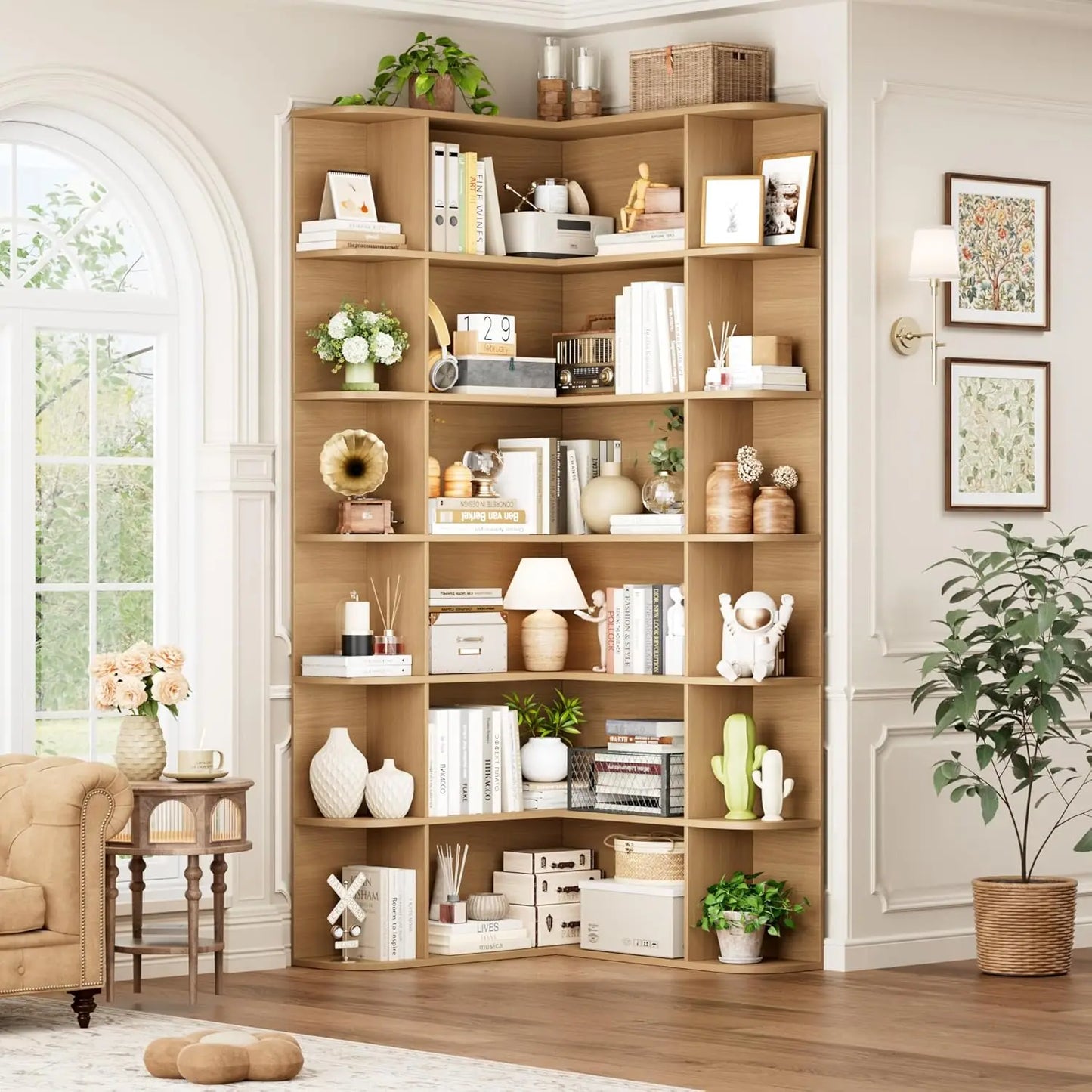 74” Tall Corner Bookshelf, 6-Tier with Open Storage, L Shaped Tall Bookcases Wooden Storage, Customized