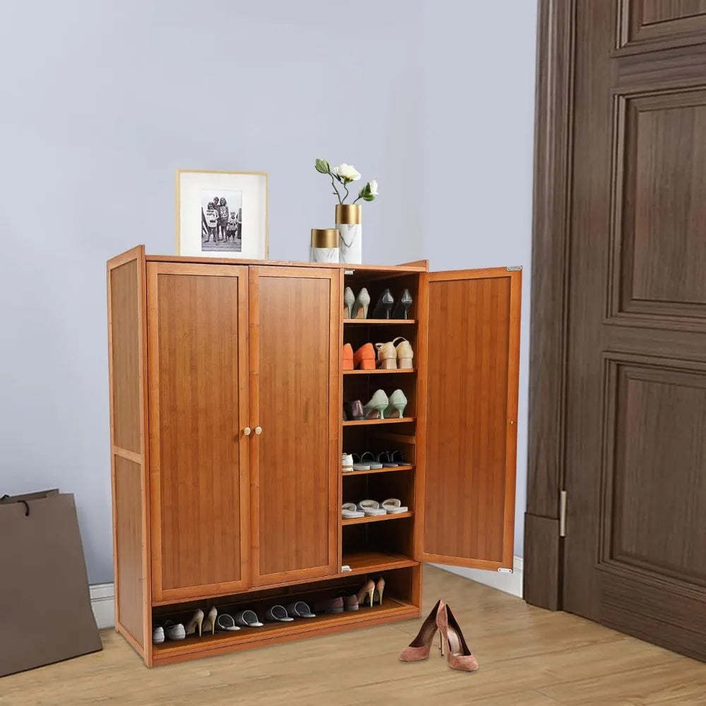 8-Tier Bamboo Shoe Storage Cabinet with Shutter Doors - Freestanding Floor Organizer, Rack for Shoes
