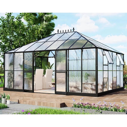 16x12x9.5 FT Polycarbonate Greenhouse for Outdoors, Pavilion Style Greenhouse with 4 Vent Windows, Lockable Double Doors, Ideal