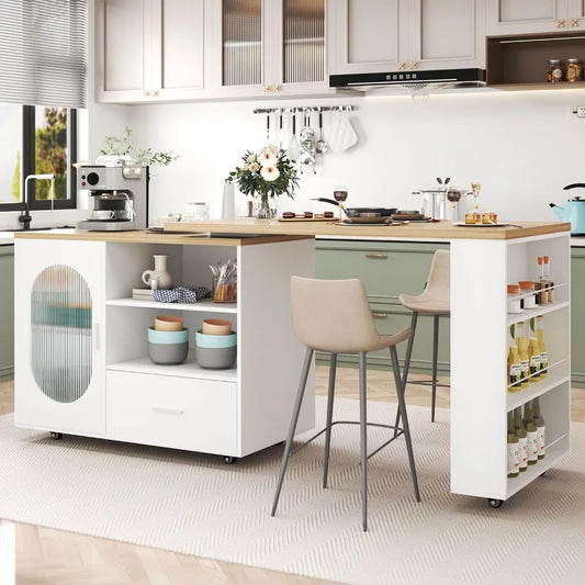 Modern White Rolling Kitchen Island with Swivel Table, Storage Cabinet, Drawers, and Shelves