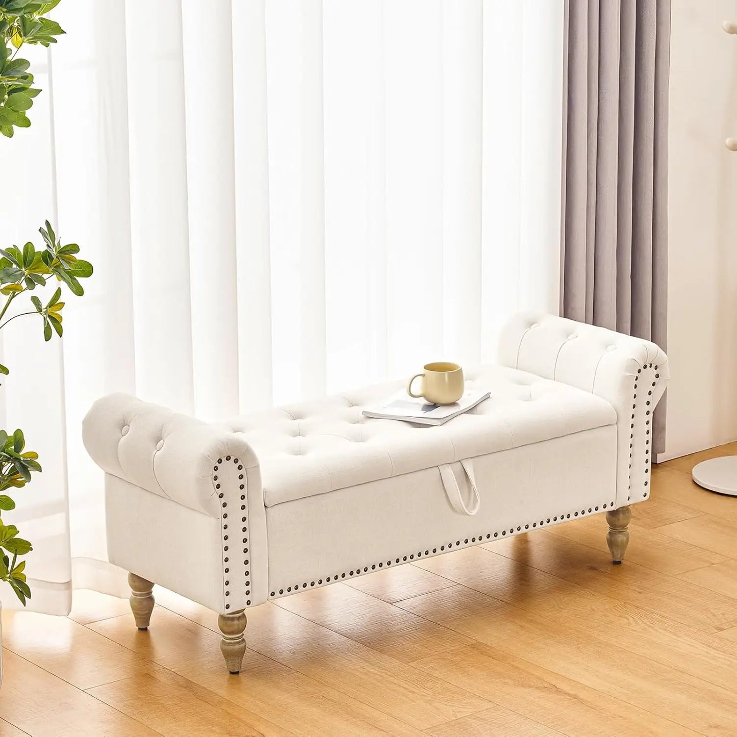 Storage Bedroom Bench for End of Bed, Faux Linen Upholstered Storage Ottoman with Rolled Arms for Bedroom,Living Room