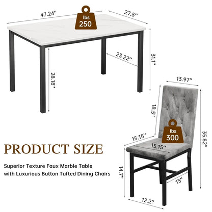 Faux Marble, Small Kitchen Table Chairs Set of 4 with Luxurious Button Tufted Dinner Chairs, Customized