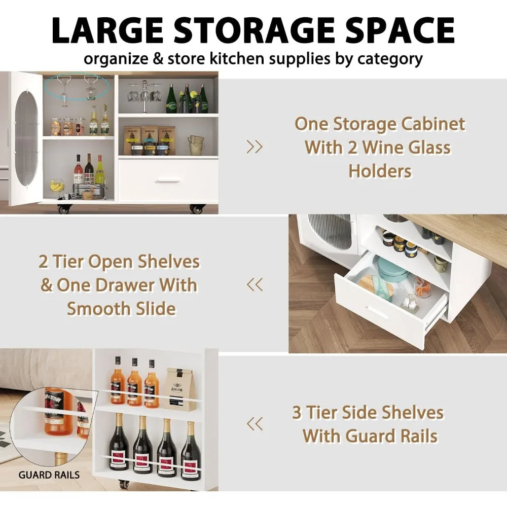 Modern White Rolling Kitchen Island with Swivel Table, Storage Cabinet, Drawers, and Shelves