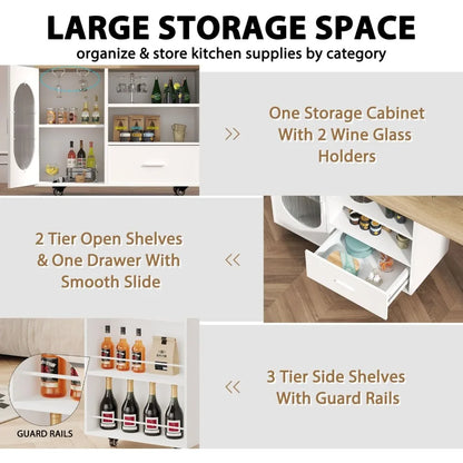 Modern White Rolling Kitchen Island with Swivel Table, Storage Cabinet, Drawers, and Shelves