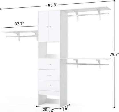 96 Inches Walk In Closet System with Doors & 3 Shelving Towers, Heavy Duty Clothes Garment Rack with 3 Wood Drawers