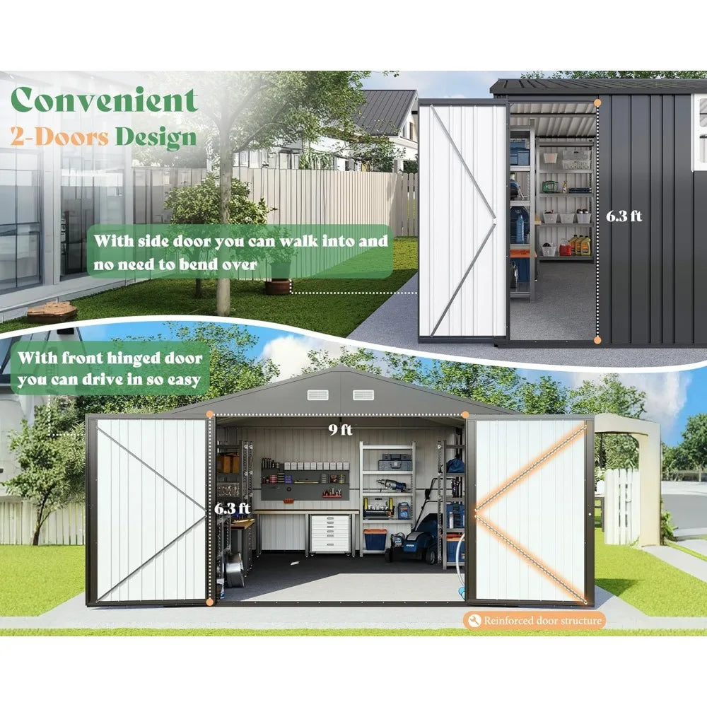 13.2x21x8 FT Outdoor Metal Garage Shed, Extra Large Storage Shed with Double Hinged Doors, 4 Windows, Carport