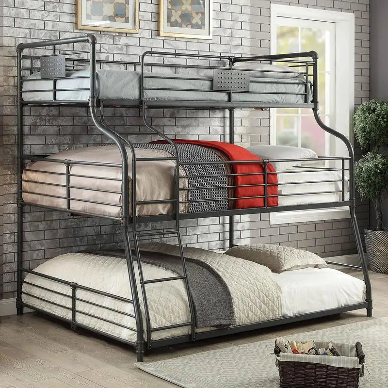 Industrial Style Metal Bunk Bed Twin Over Full Over Queen with Guard Rails and Curved Ladder, Antique Black Finish