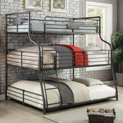 Industrial Style Metal Bunk Bed Twin Over Full Over Queen with Guard Rails and Curved Ladder, Antique Black Finish
