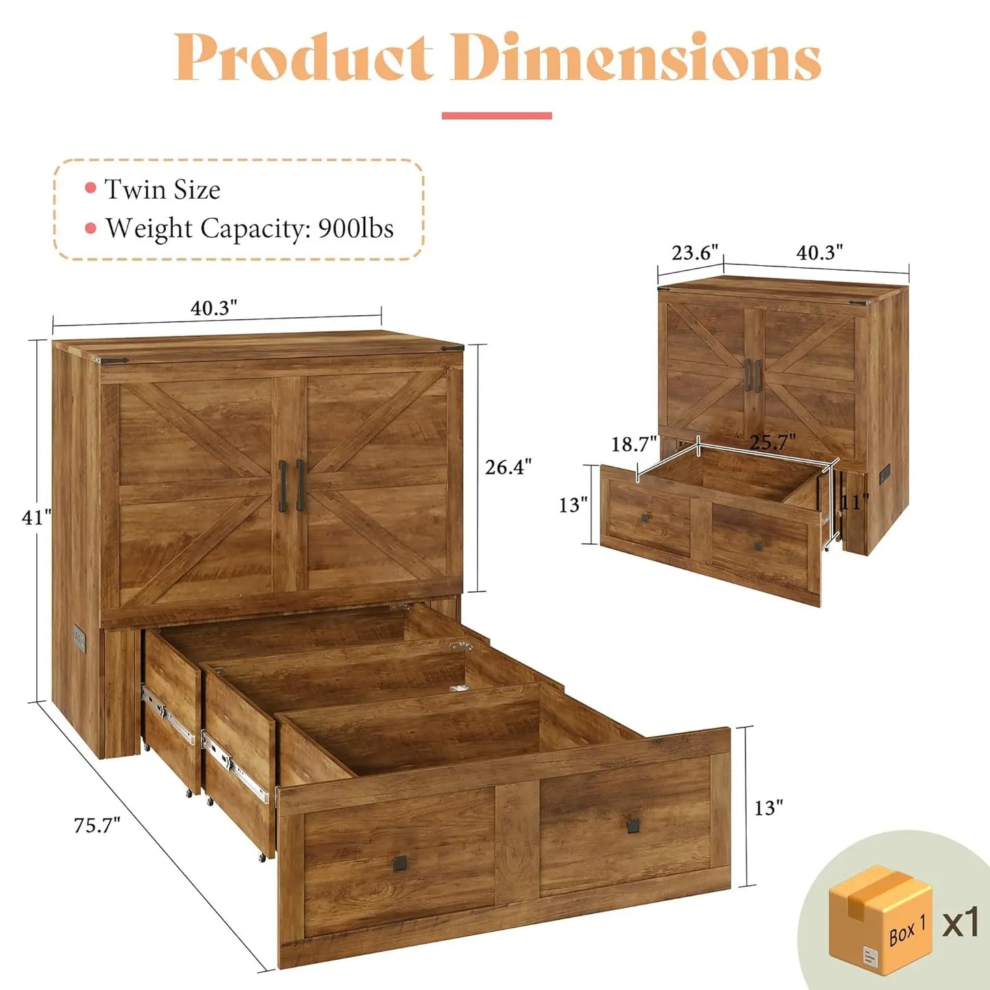 Twin Murphy Bed Cabinet with Storage Drawer, Farmhouse Foldable Platform Bed for Home Office