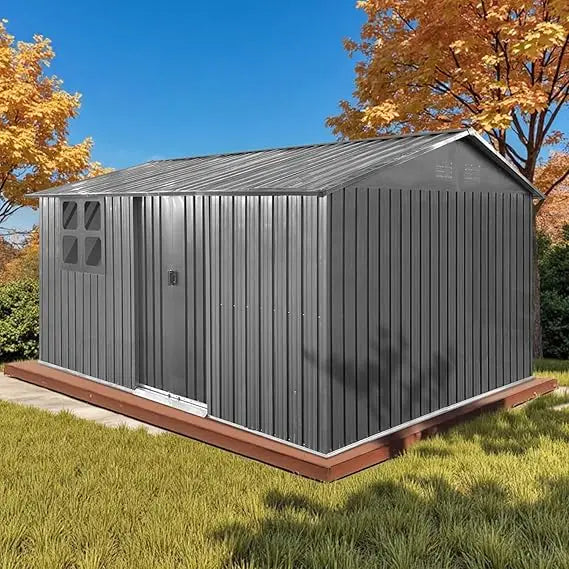 12x10 Ft Storage Shed Outdoor, XL Permanent Steel Building with Window, Sliding Doors and 4 Air Vents for Backyard, Garden, Patio
